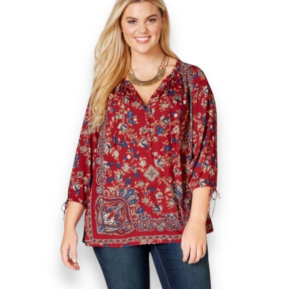 LUCKY BRAND Floral Self-Tie Cuff Floral Boho Chic Henley Peasant Blouse Medium - Picture 1 of 11